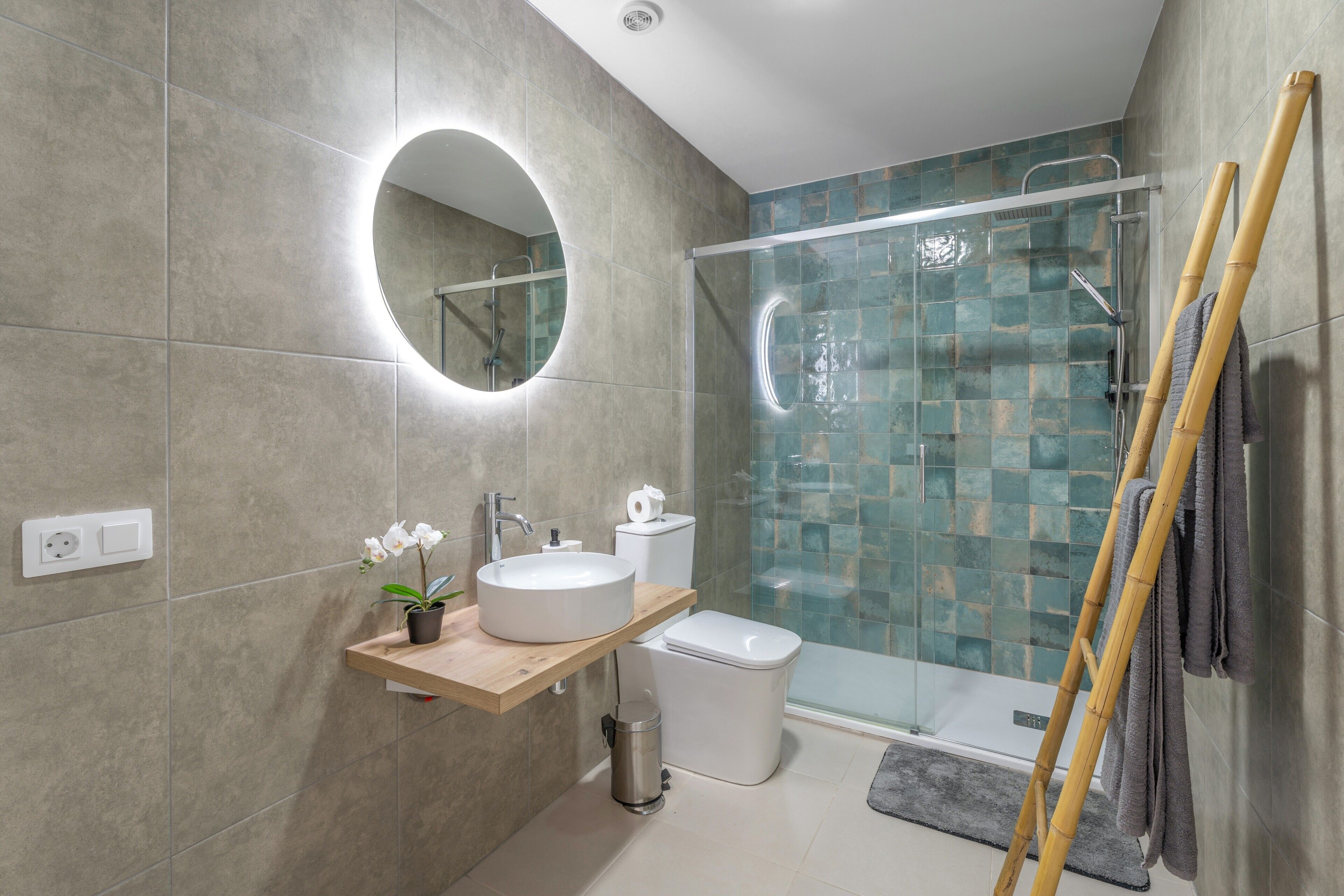 Shower, hair dryer, towels
