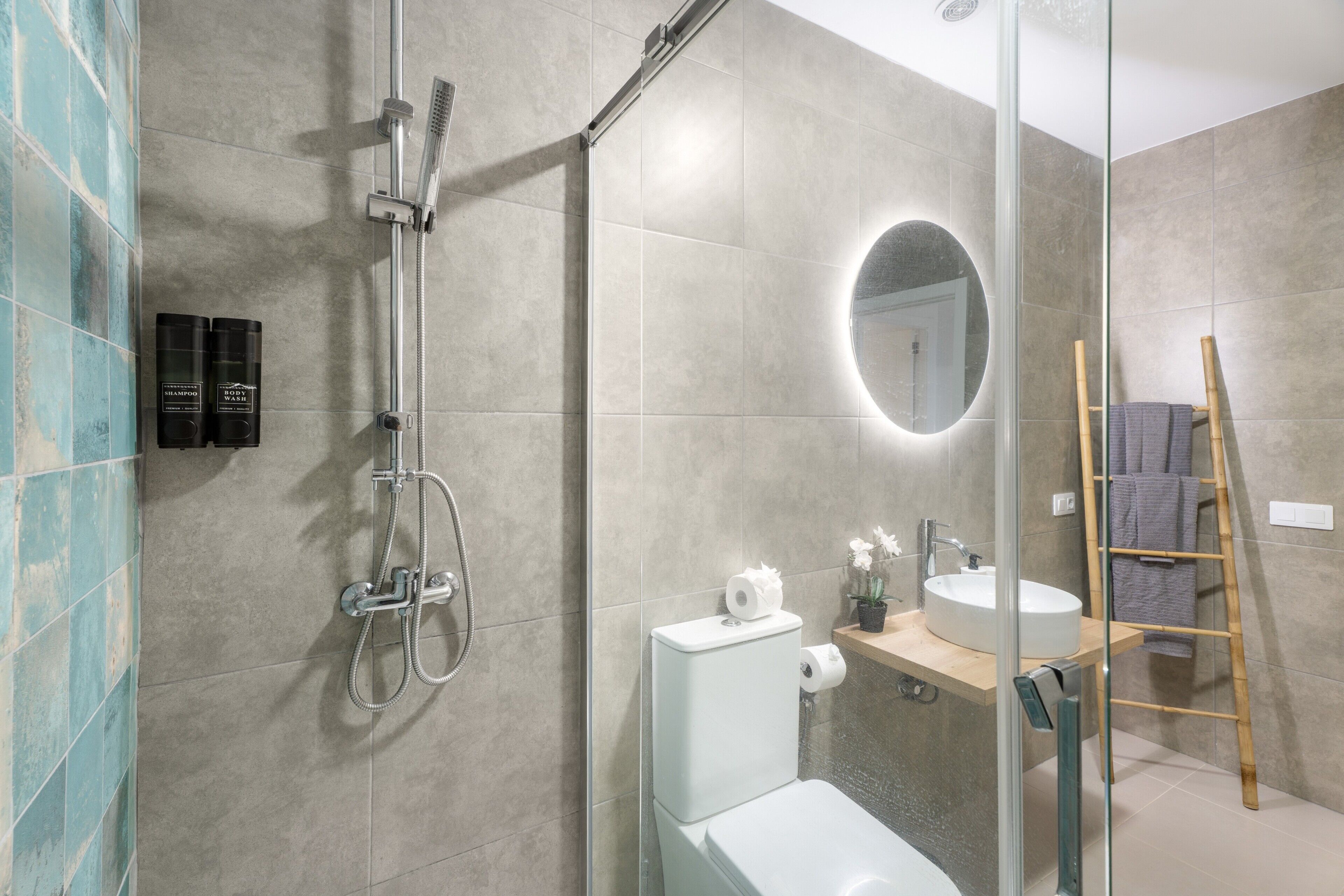 Shower, hair dryer, towels