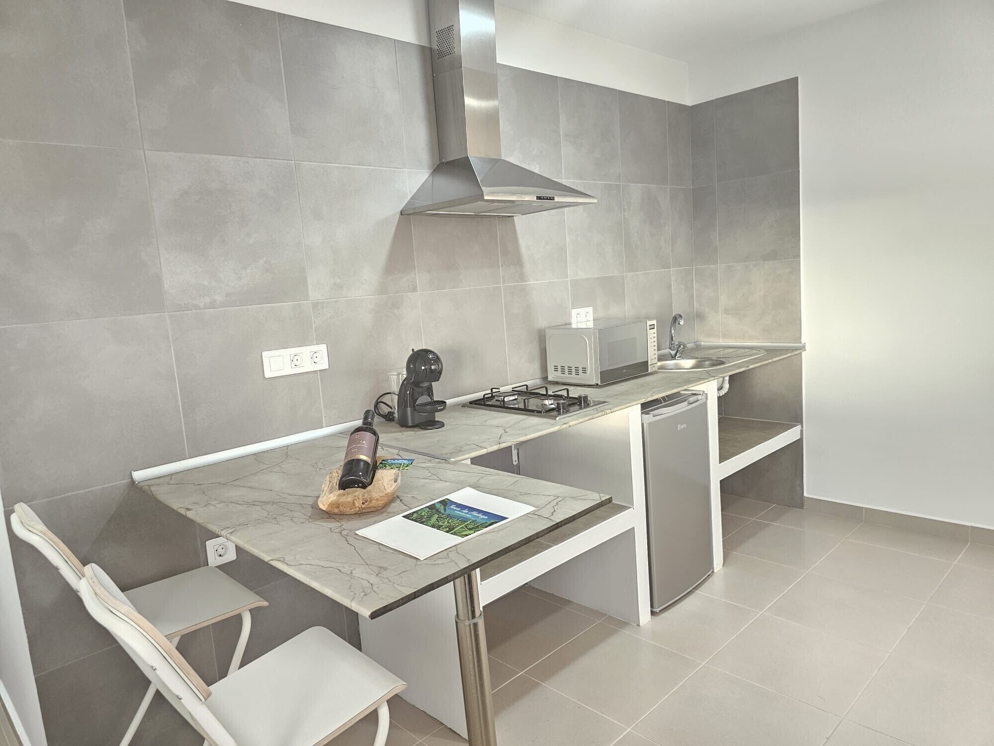 Fridge, microwave, stovetop, electric kettle