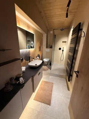 Shower, hair dryer, towels, soap - Luxury Apart Sophia at Landhaus Daum, modern design in the Zillertal Alps (Schwendau)