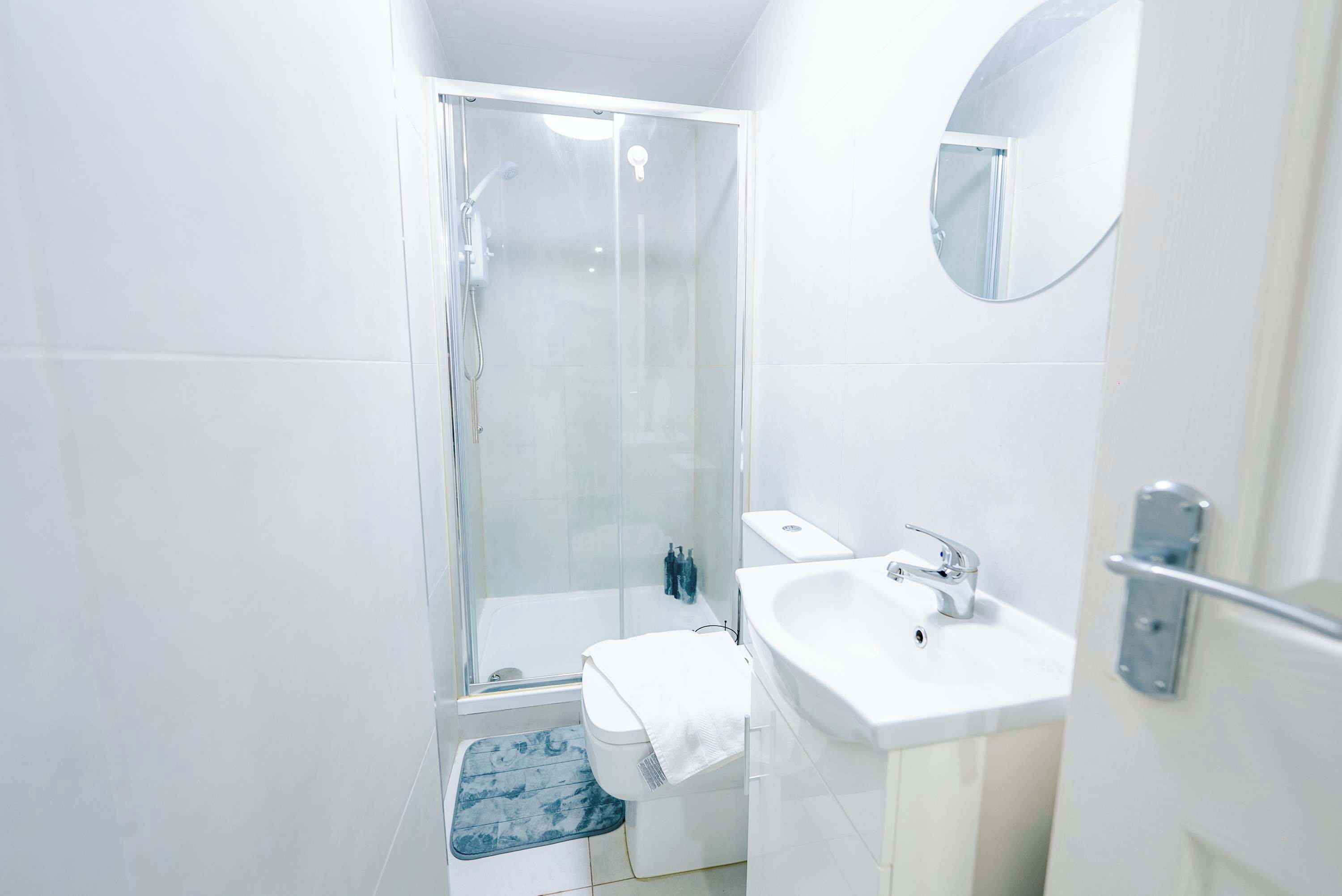 Shower, hair dryer, towels