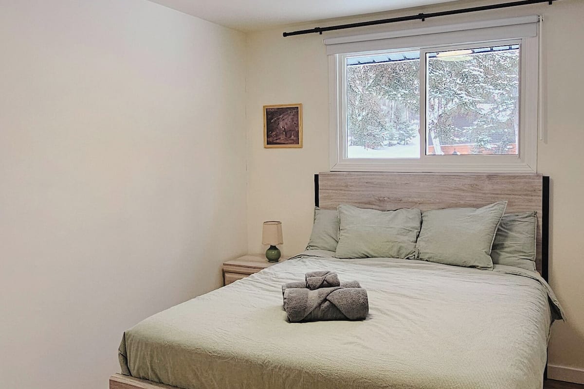 A bedroom with a wooden bed, a nightstand with a lamp, a window with a view of trees, and a ceiling light.