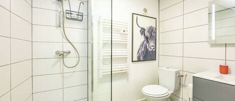Douche, séchoir à cheveux, serviettes fournies