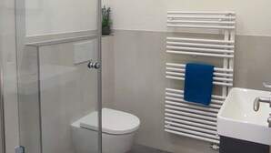 A modern bathroom with a glass-enclosed shower, a white toilet, a sink with a blue towel, and a radiator. - Vacation apartment 'Wiesenpanorama' (Münstertal/Schwarzwald)