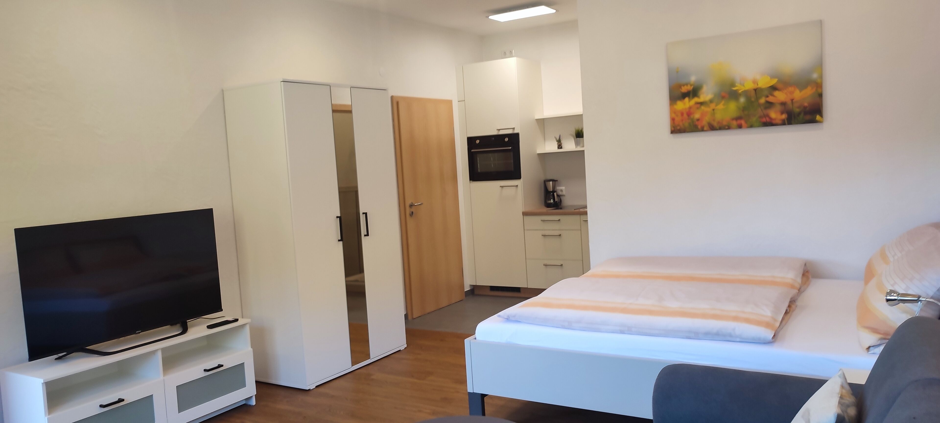 Una habitación de hotel moderna con cama, televisión, armario, kitchenette y un cuadro en la pared.