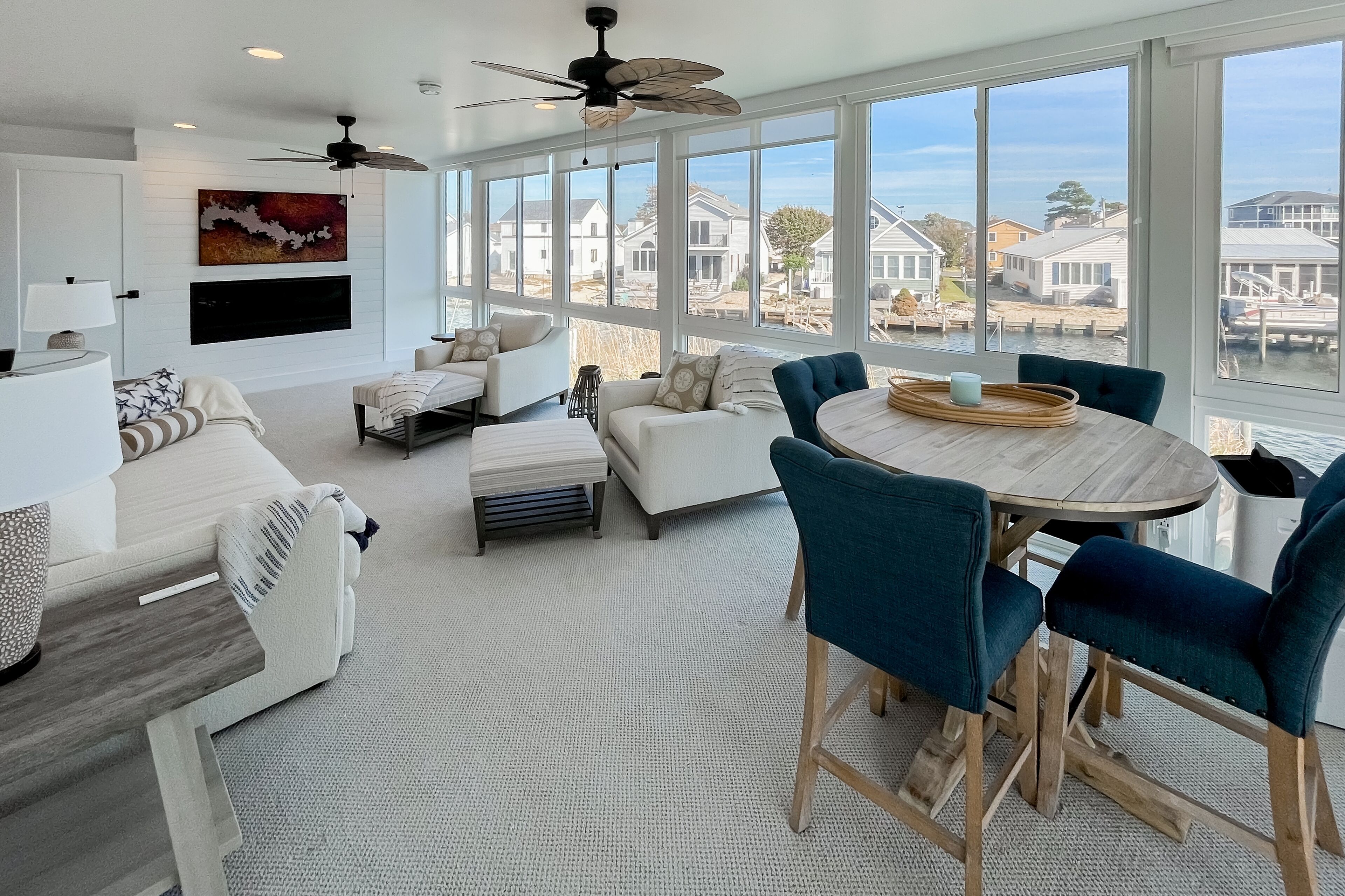 TV, fireplace, books