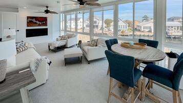 TV, fireplace, books