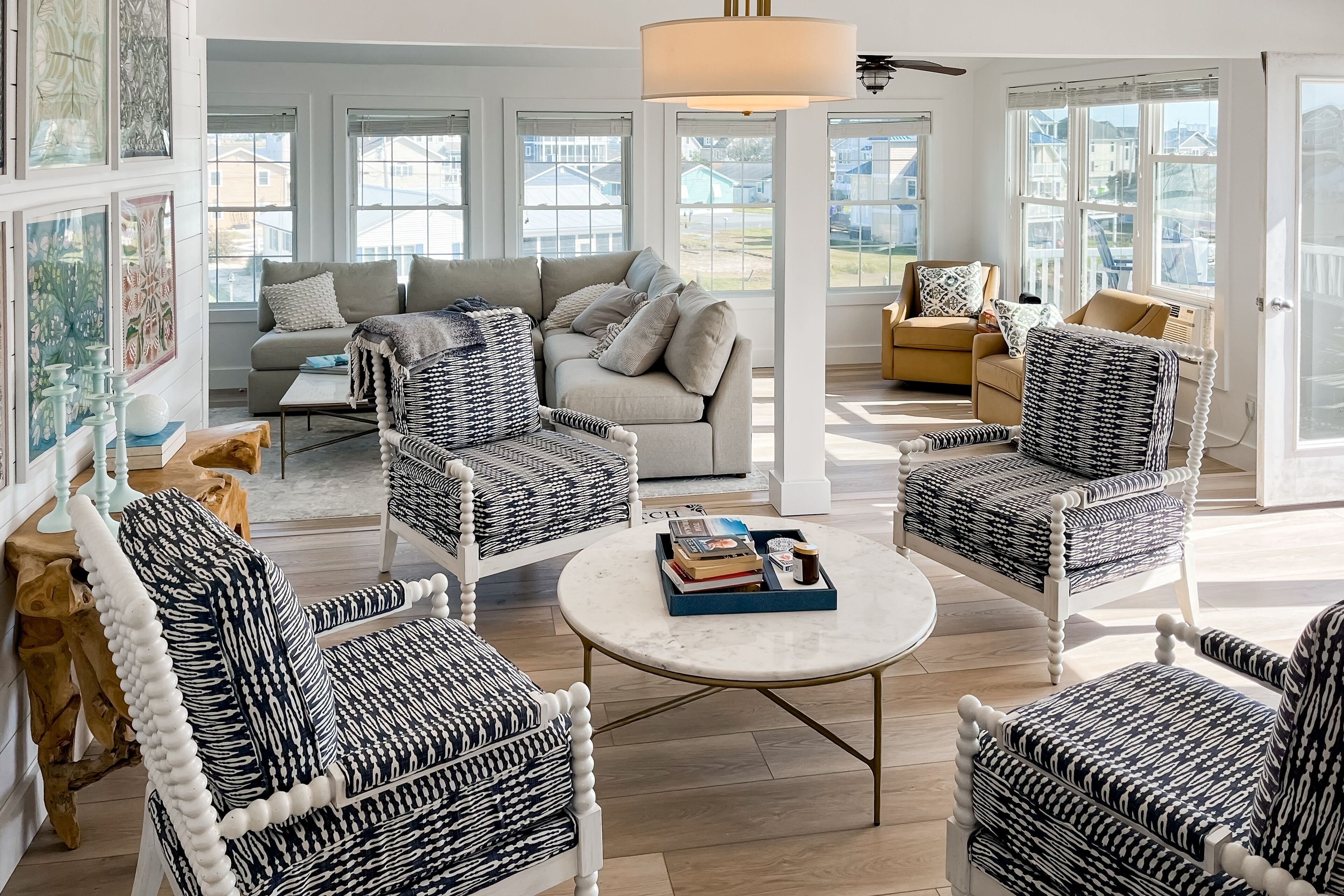 TV, fireplace, books