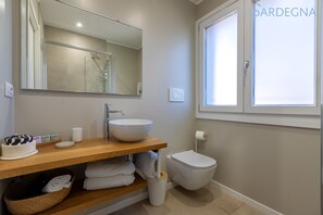 Regadera, secadora de cabello, bidet, toallas