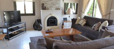 A living room with a television, sofa, coffee table, fireplace, and large windows.