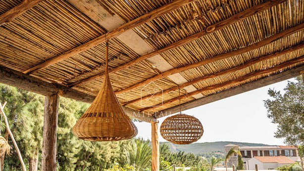 Un espace extérieur abrité, doté d’un plafond en bambou, de deux lampes suspendues en osier, et offrant une vue sur un bâtiment et des collines en arrière-plan.