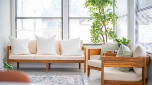 A modern living room with a beige sofa, a wooden chair, and a large potted plant. - 3/2 Beautiful Pool Home + Garage + Pet Friendly (Lakeland)