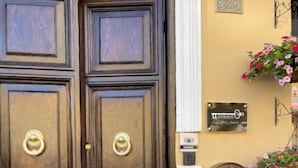 Een stel donkerhouten dubbele deuren met messing handgrepen, een brievenbus en een bloembak aan de muur.