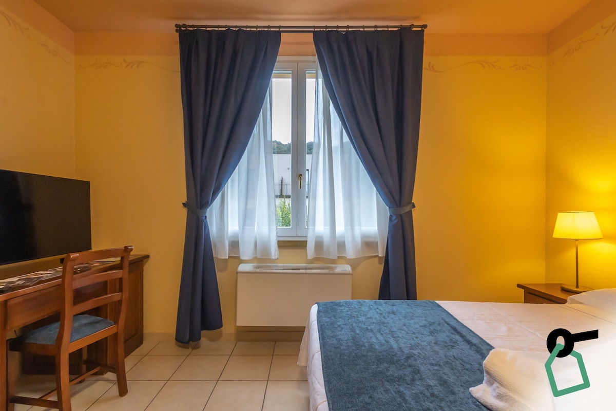 A hotel room with a bed, a desk with a chair, a TV, and a window with curtains.