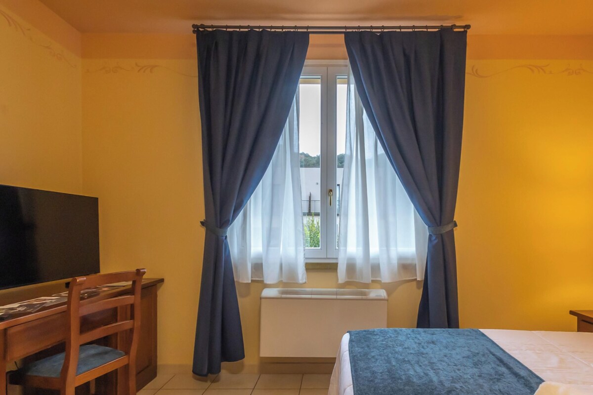 A hotel room with a bed, a desk with a chair, a TV, and a window with curtains.