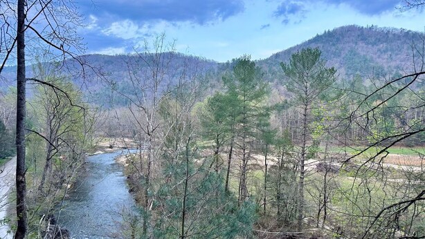 A river flowing through a forested valley with a wooden deck in the foreground. - The Roost - A Pet Friendly, Creekside Mountain Cabin in the Heart of Adventure! (Collettsville)
