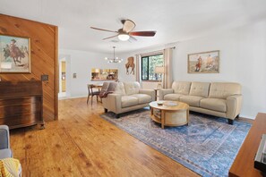 Älytelevisio, takka, kirjoja, musiikkikirjasto