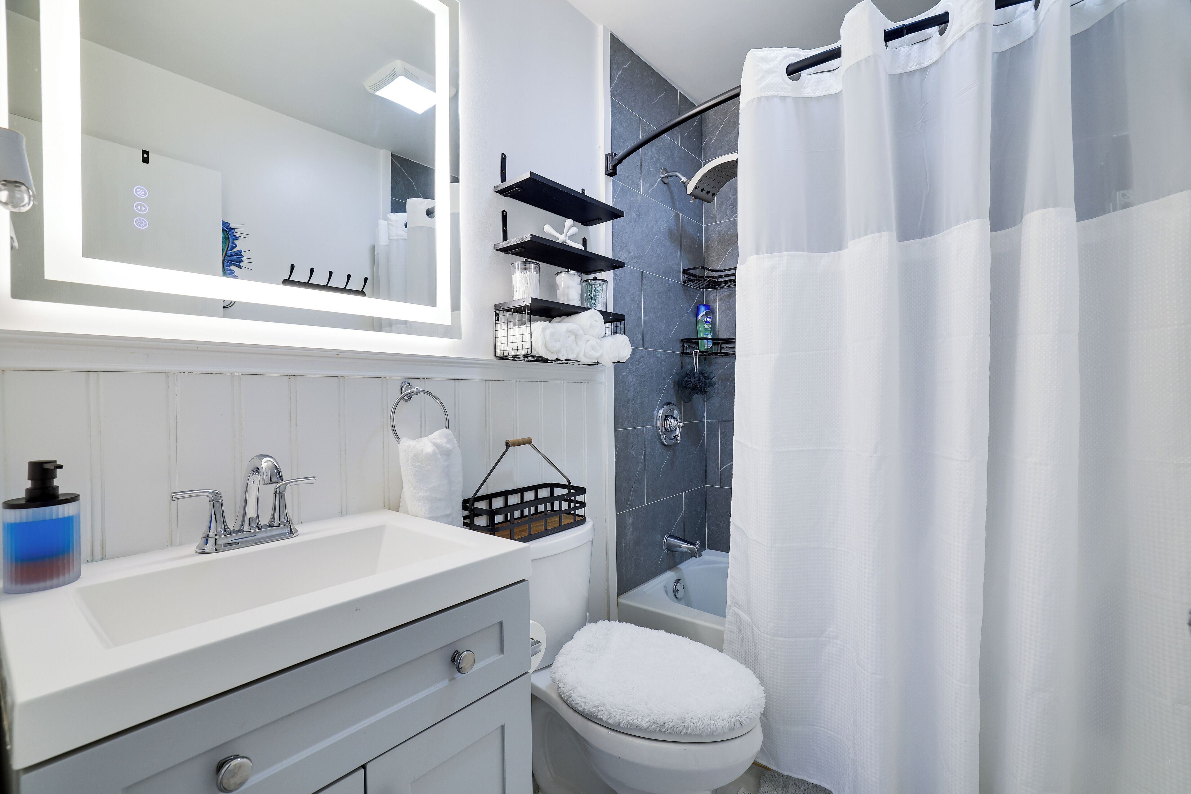 Secador de cabelo, toalhas de banho, sabonete, papel higiênico