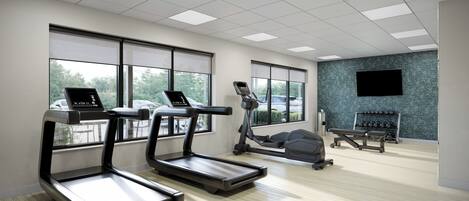 A modern gym with treadmills, a stationary bike, and dumbbells.
