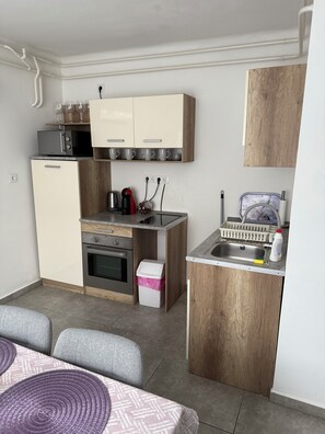Fridge, microwave, oven, coffee/tea maker
