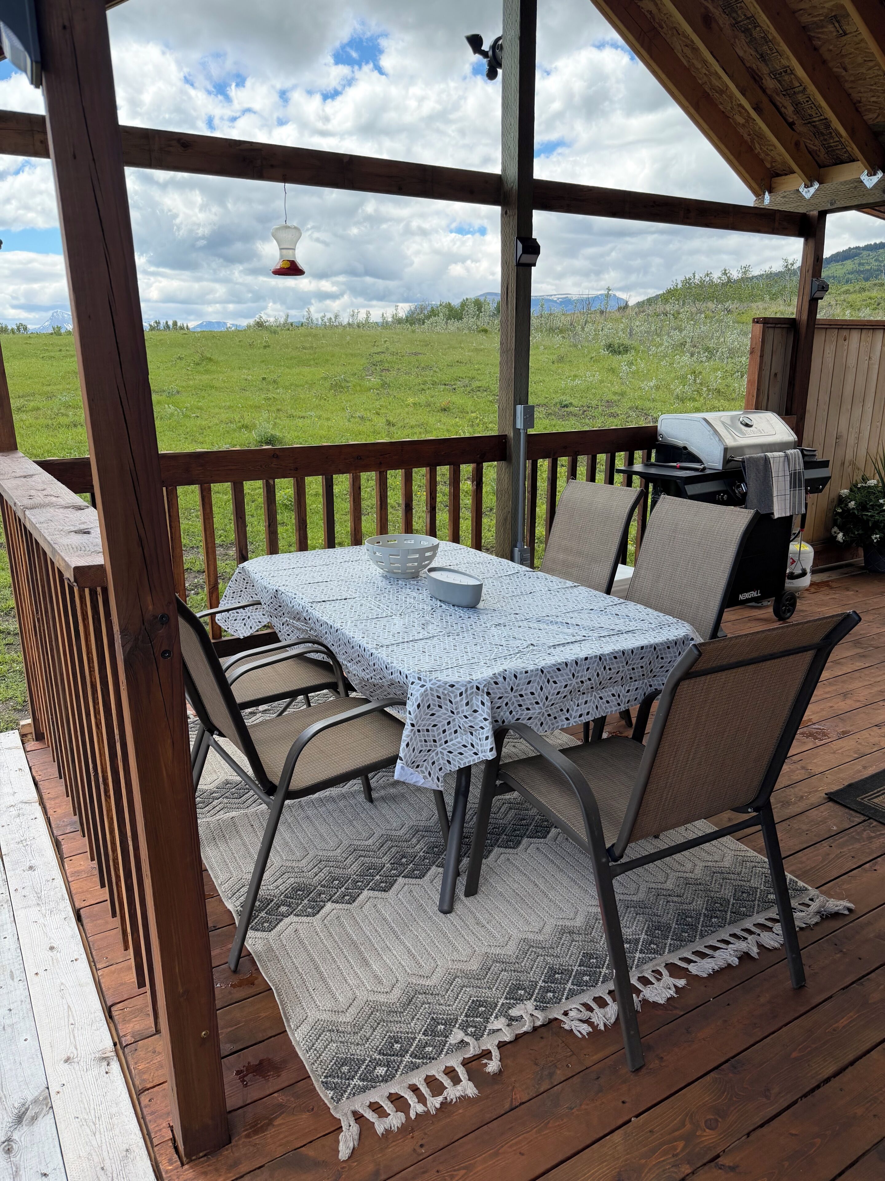 A covered outdoor patio with a table and chairs, a grill, and a view of a grassy field.