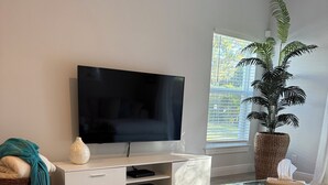 A modern living room with a flat-screen TV, a glass coffee table, a woven pouf, a potted plant, and a patterned rug. - NEW 3-bedroom house with AC in Vero Beach—13 min to beach! (Vero Beach)