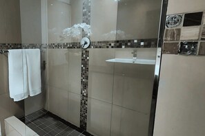Dusche, Haartrockner, Handtücher, Seife