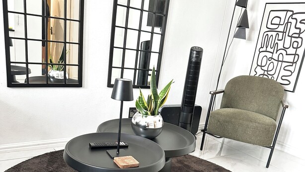 Un salón moderno con dos mesas redondas negras, un sillón verde, una planta en maceta y un adorno en la pared.
