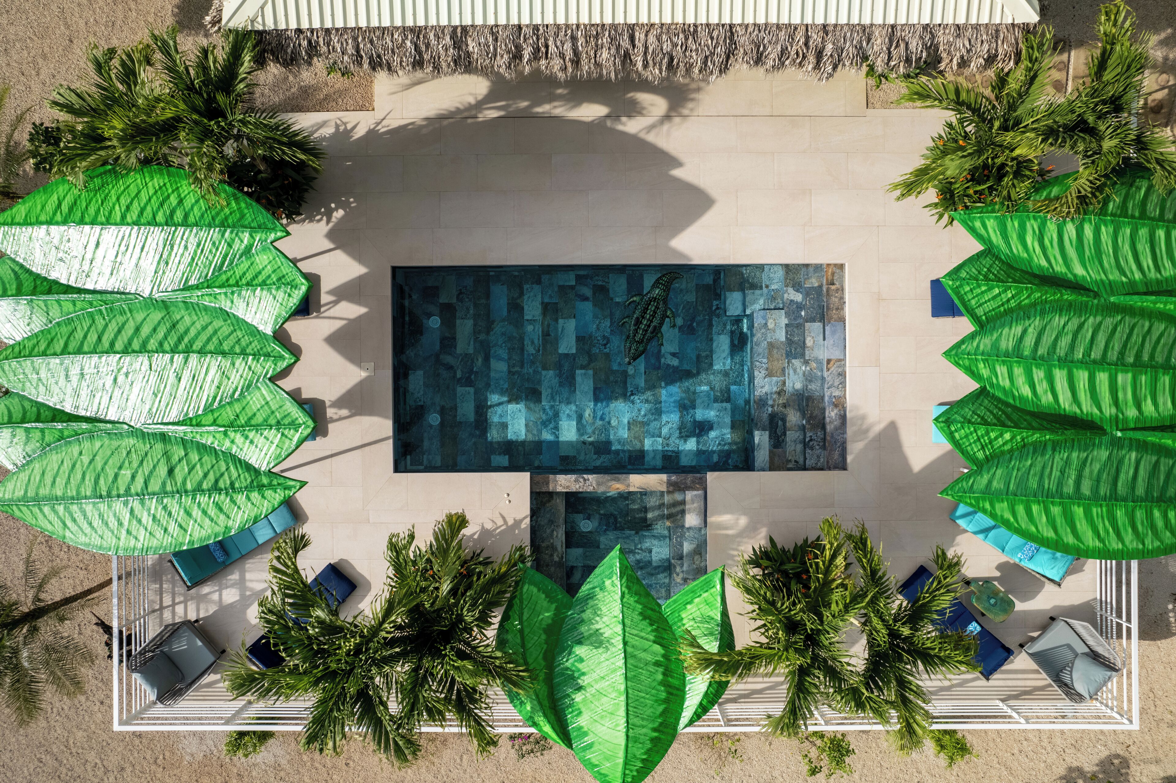 An aerial view of a swimming pool surrounded by large green umbrellas and palm trees.