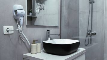 Shower, jetted bath, hair dryer, bidet