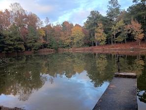 Ein ruhiger See mit einem Steg und Bäumen, die sich im Wasser spiegeln.