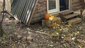 A small, A-frame cabin with a large window and a door, surrounded by trees and autumn leaves. - Lake Of The Ozarks Tiny Aframe in the woods (Lincoln)
