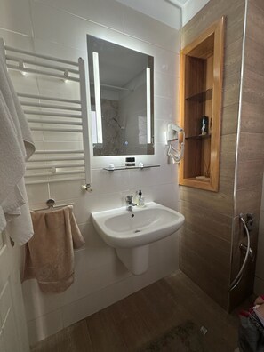 Secadora de cabello, bidet, toallas, jabón 