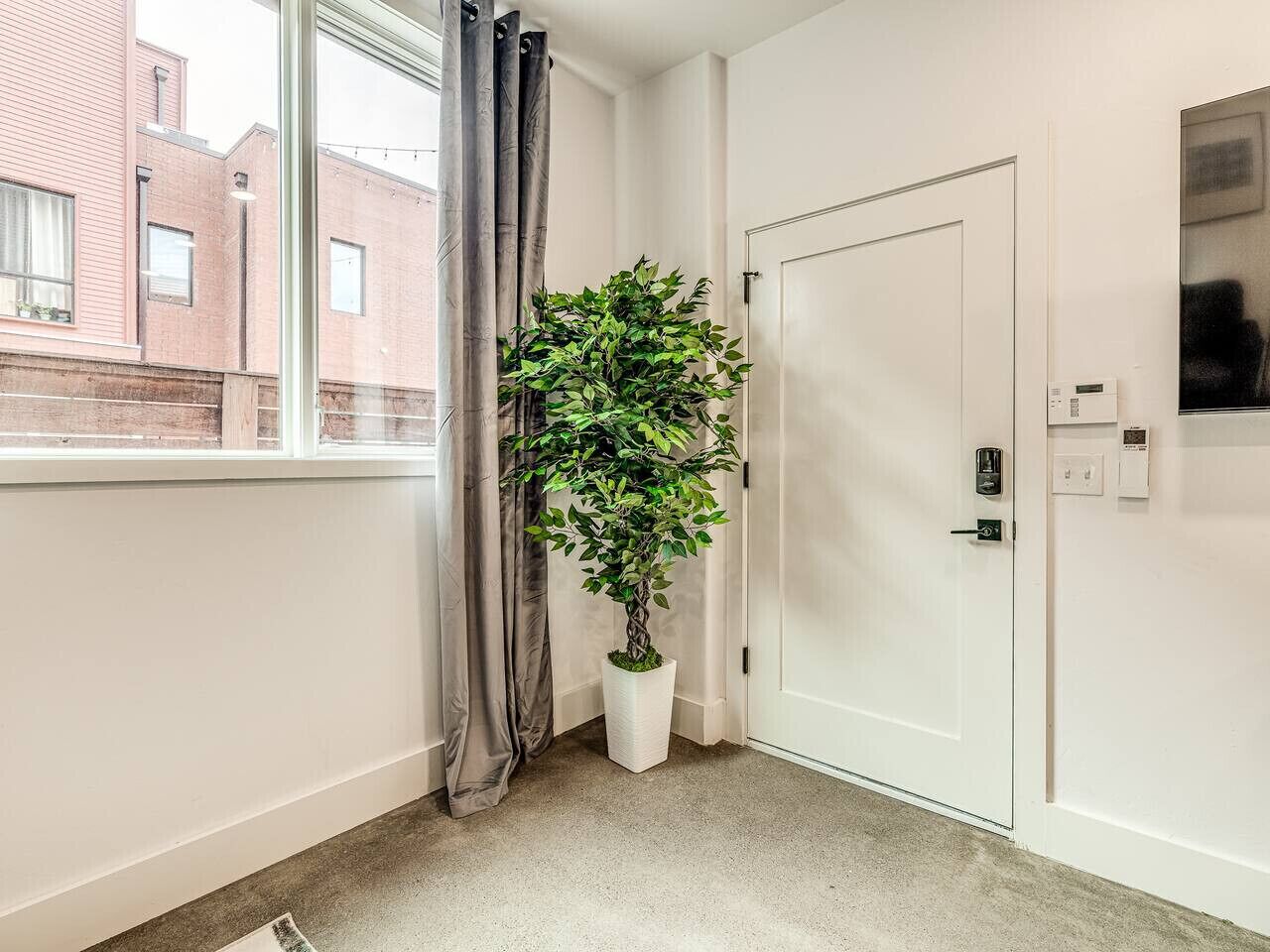 Ein Zimmer mit einem Blumentopf, einer weißen Tür und einem Vorhangfenster.