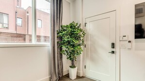 Ein Zimmer mit einem Blumentopf, einer weißen Tür und einem Vorhangfenster.