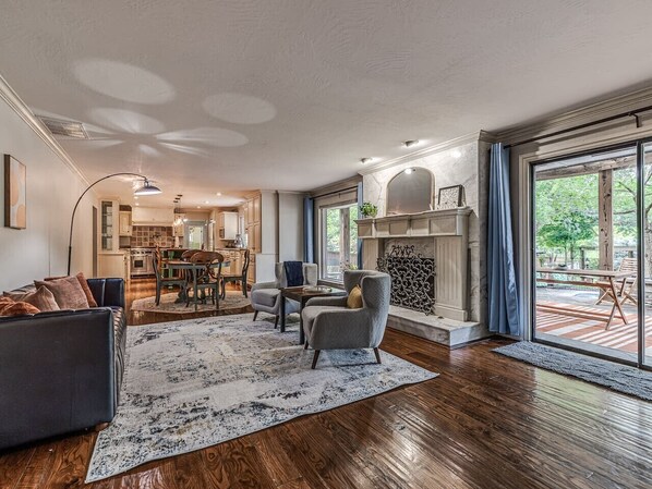TV, fireplace - Ranchwood Manor Escape: Pool, Yard, Comfort in OKC (Oklahoma City)