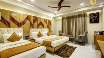 Premium bedding, desk, laptop workspace, free WiFi