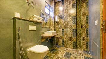 Shower, slippers, towels, soap