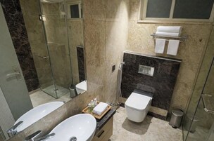 Shower, hydromassage showerhead, free toiletries, hair dryer