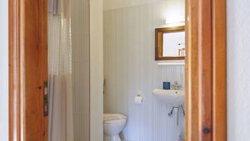 A bathroom with a shower, toilet, sink, and mirror.