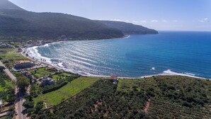 Μια αεροφωτογραφία μιας παράκτιας περιοχής με μια παραλία, έναν δρόμο και κτίρια.