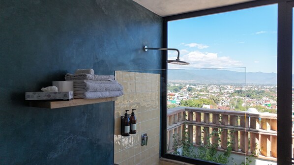 A bathroom with a large window, a towel rack, and a showerhead. - El Diablo y La Luna B&B (Oaxaca)