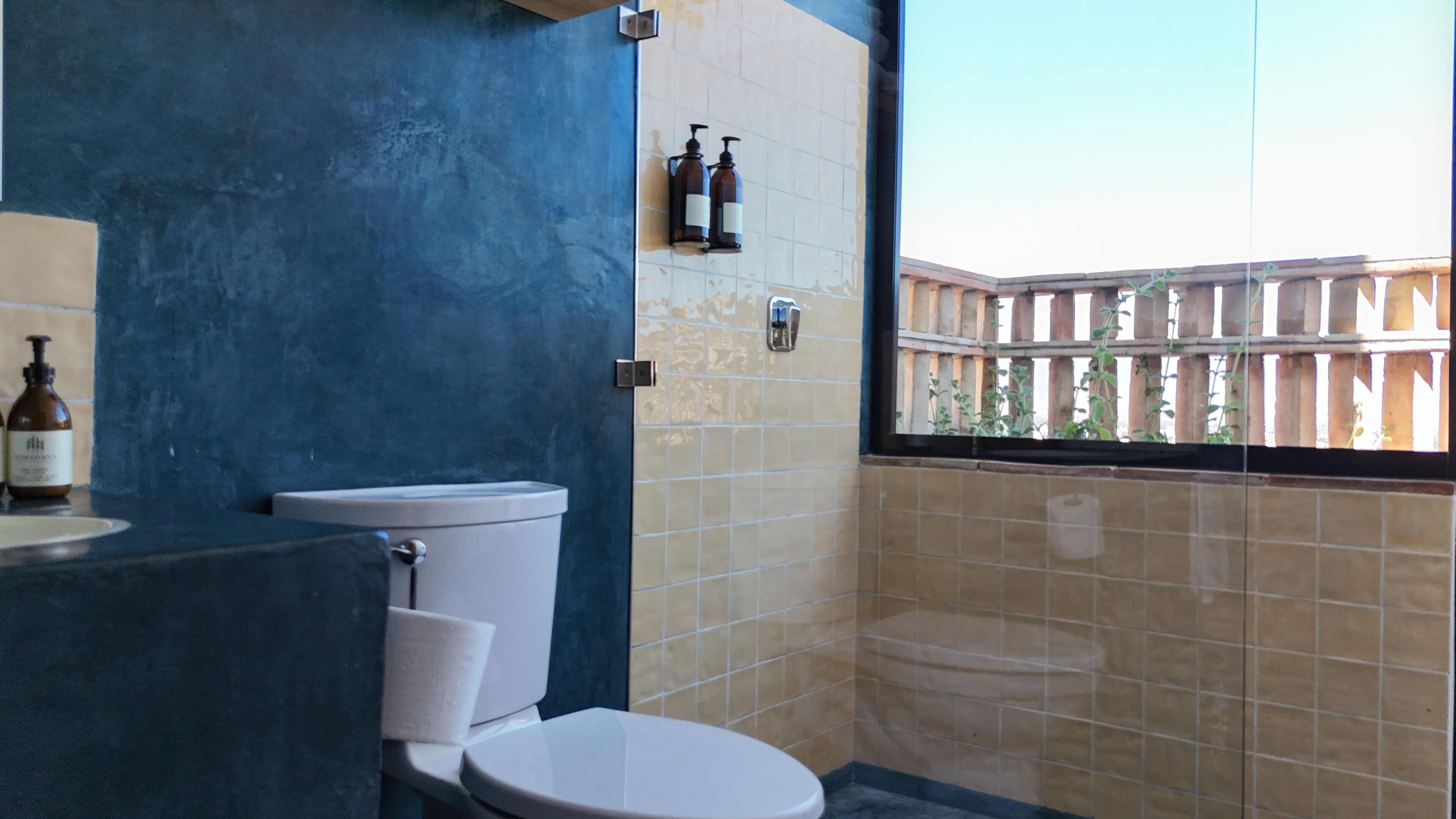 Un baño con inodoro, lavabo y zona de ducha. Hay dos botellas en la pared y una ventana con vistas a un balcón.
