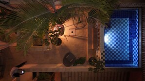 Un área de piscina en la azotea con un diseño de baldosas a cuadros, rodeada de plantas en macetas y una bicicleta.