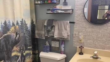 Hair dryer, towels, toilet paper