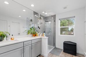 Shower, towels, soap, toilet paper - Spacious 4-bedroom house with fitness room, sauna, hot tub in vibrant Denver (Denver)