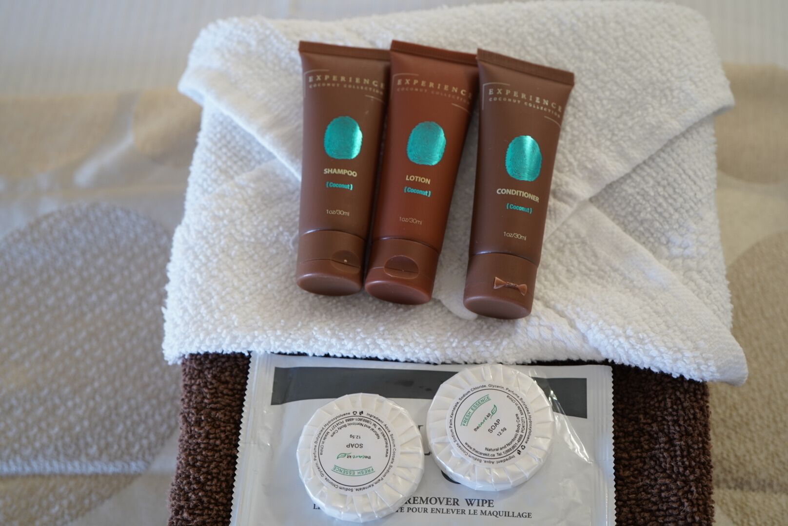 Hair dryer, towels, soap, shampoo