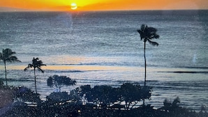 Ein Sonnenuntergang über dem Meer mit Palmen und einem Strand im Vordergrund.