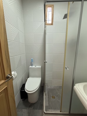 Secador de cabelo, toalhas de banho, sabonete, papel higiênico