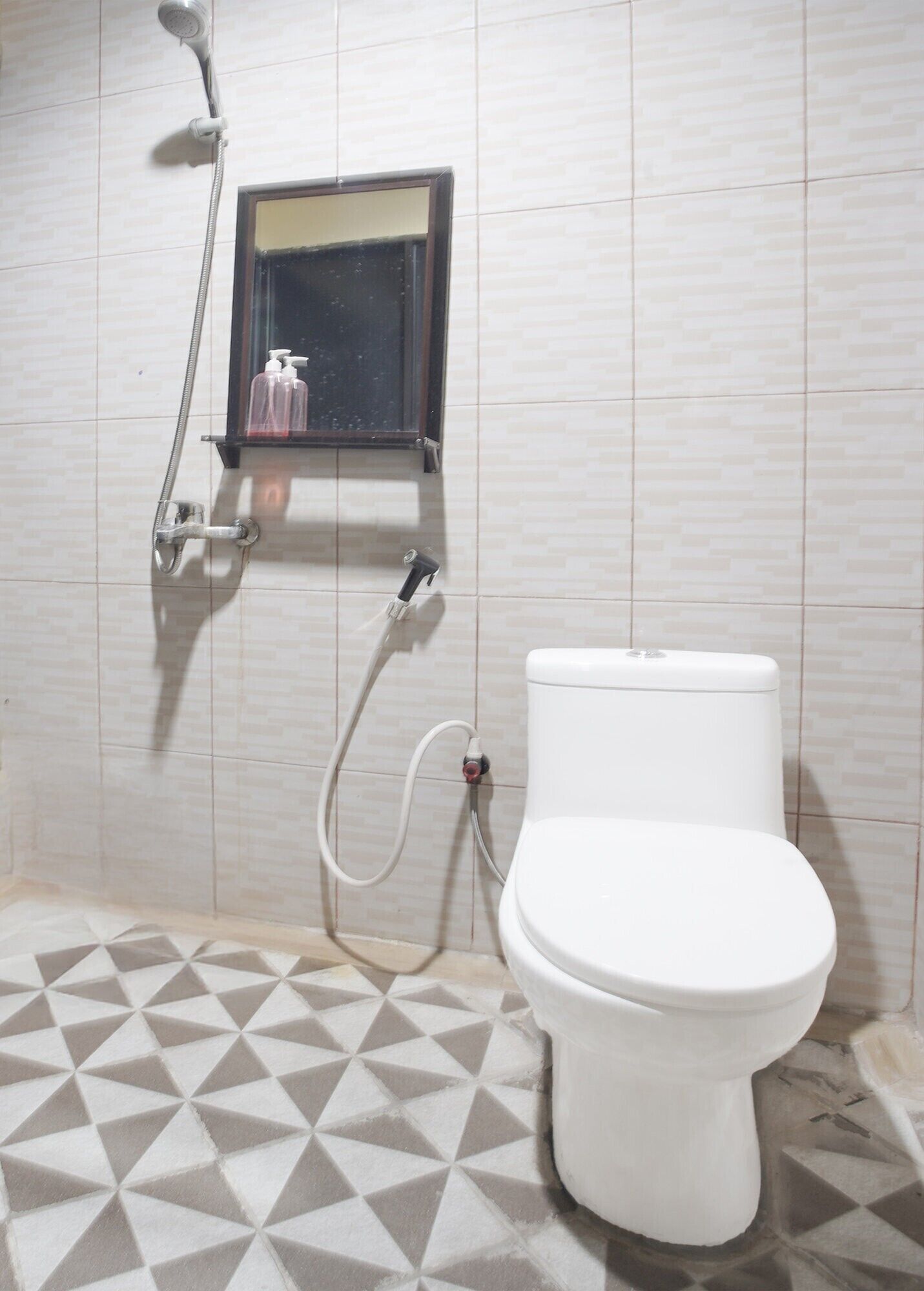 A bathroom with a toilet, a shower, and a soap dispenser on a shelf.